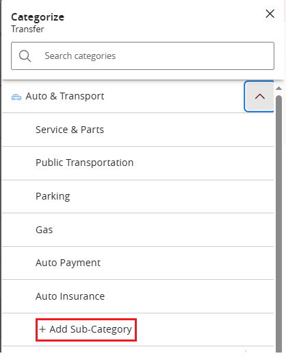 Categorize menu, Auto & Transport sub-menu with +Add Sub-Category highlighted