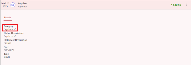 Details option with Category Paycheck Highlighted